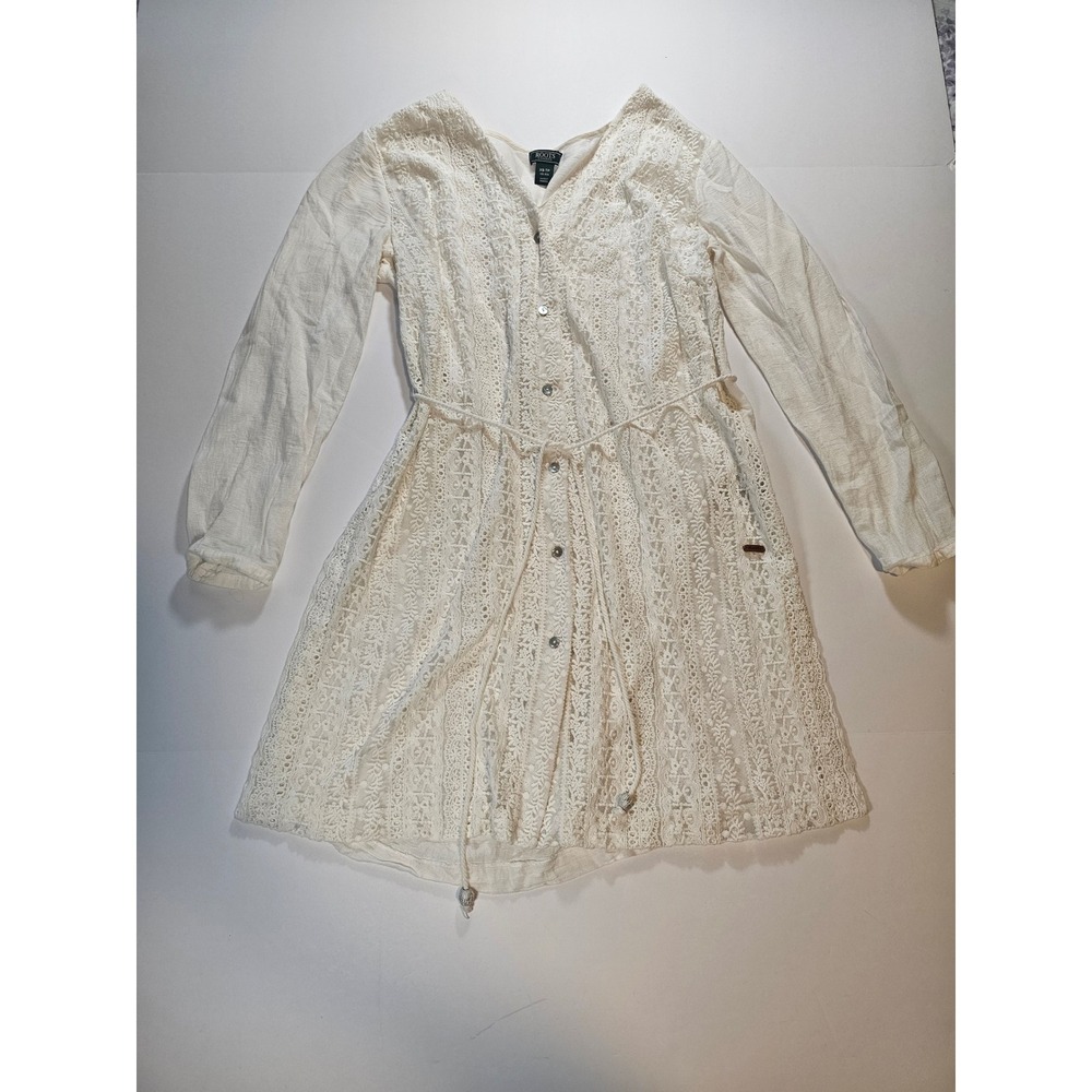 Roots Lace Button Front Dress Womens XS White Boho Mini Sleeve